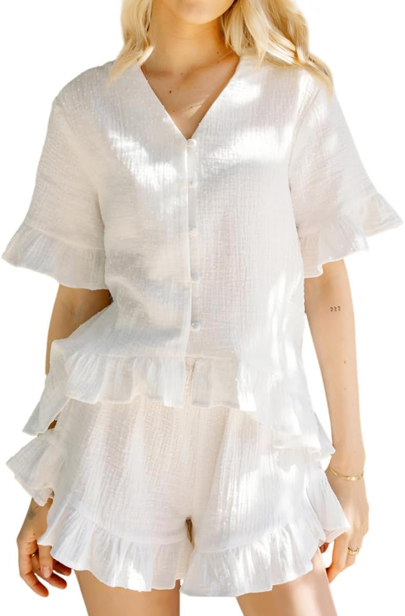 Womens Fashion Short Sets Ruffle Trim Button Down Top and Shorts Cotton Pajamas Set Womens Fashion Short Sets Ruffle Trim Button Down Top and Shorts Cotton Pajamas Set