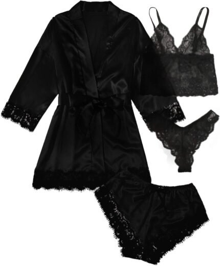 WDIRARA Women’ Silk Satin Pajamas Set 4pcs Lingerie Floral Lace Cami Sleepwear with Robe WDIRARA Women’ Silk Satin Pajamas Set 4pcs Lingerie Floral Lace Cami Sleepwear with Robe