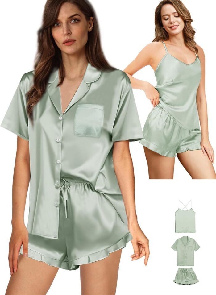Womens 3Pcs Satin Pajamas Set Ruffle Silk Pajama Sets XS-4XL Sexy Camisole Silky Sleepwear Loungewear Pj Sets