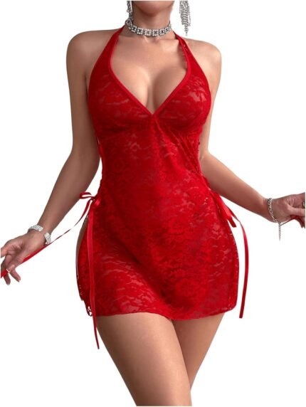 Women’s 2 Piece Lingerie Set Lace Up Mesh Sleeveless Halter Nightgown Lingerie Dress with Thongs