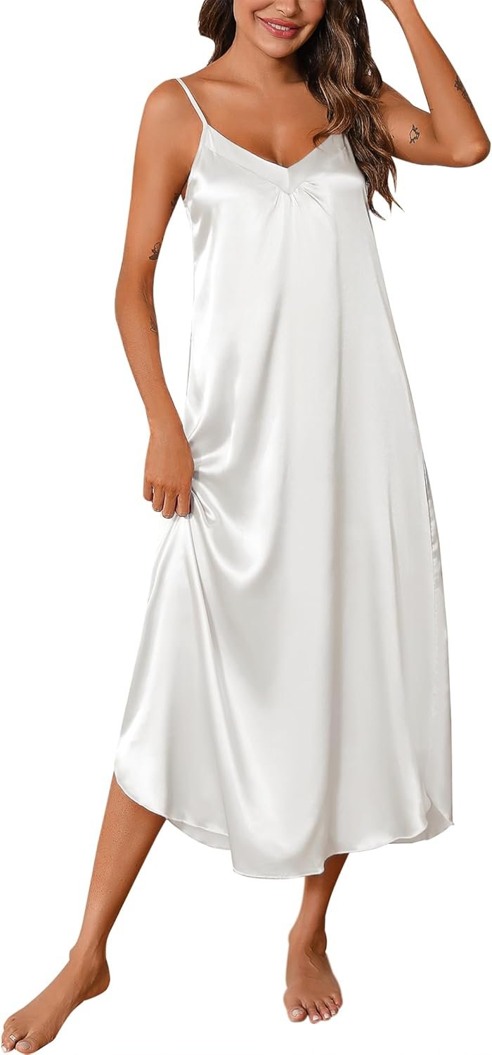 Women Long Satin Nightgown Silk Slip Dress Sexy V Neck Sleepwear Loose Sleeveless Nightshirt Women Long Satin Nightgown Silk Slip Dress Sexy V Neck Sleepwear Loose Sleeveless Nightshirt