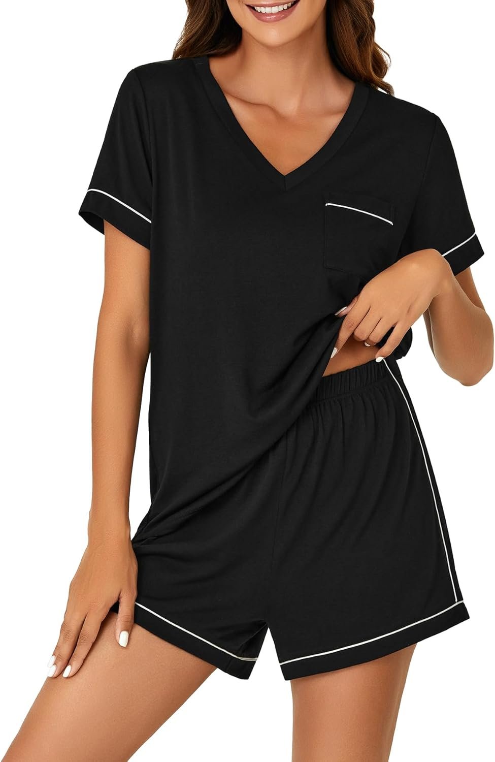 LYANER Women’s Pajama Set Two Piece Sleepwear Short Sleeve Top and Shorts V Neck PJ Lounge Set with pocket