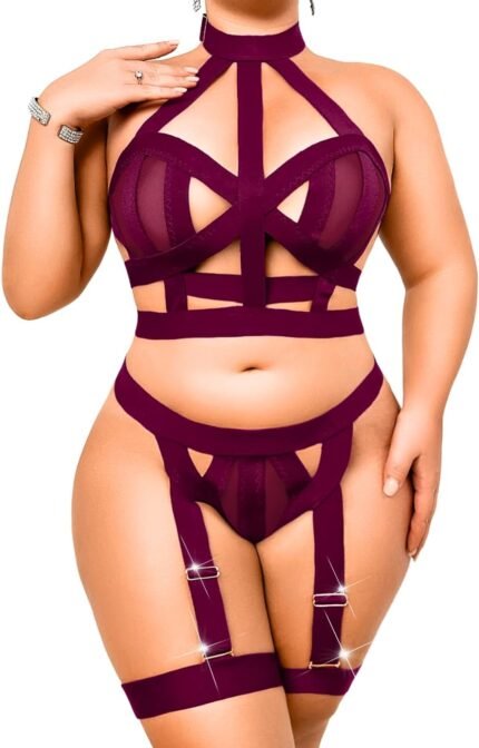 Curvy Lady’s Strappy Lingerie For Women, Plus Size Exotic Garter Thong, BBW Halter Gifts For Him 3 Piece Set Curvy Lady’s Strappy Lingerie For Women, Plus Size Exotic Garter Thong, BBW Halter Gifts For Him 3 Piece Set