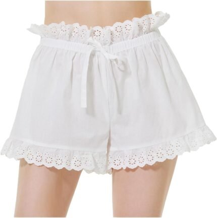BEAUTELICATE Women High Waisted Shorts Pants Embroidery Lace Ruffles Elastic Waist Cotton Drawing String