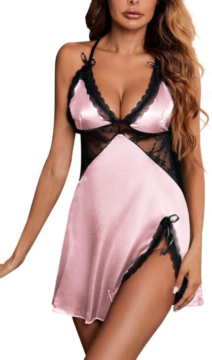 LYANER Women’s Satin Lace V Neck Chemise Lingerie Split Slit Babydoll Nightgown Nightdress Sleepwear LYANER Women’s Satin Lace V Neck Chemise Lingerie Split Slit Babydoll Nightgown Nightdress Sleepwear