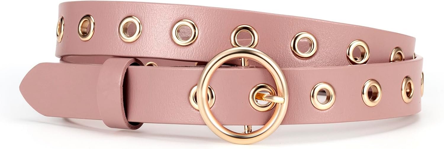 Belts for Women Casual Leather Eyelet Belt with Gold Buckle Fashion Belt for Jeans Pants