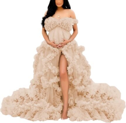 Puffy Tulle Robe for Maternity Photoshoot Ruffles Bridal Lingerie Bathgown Baby Shower Dress