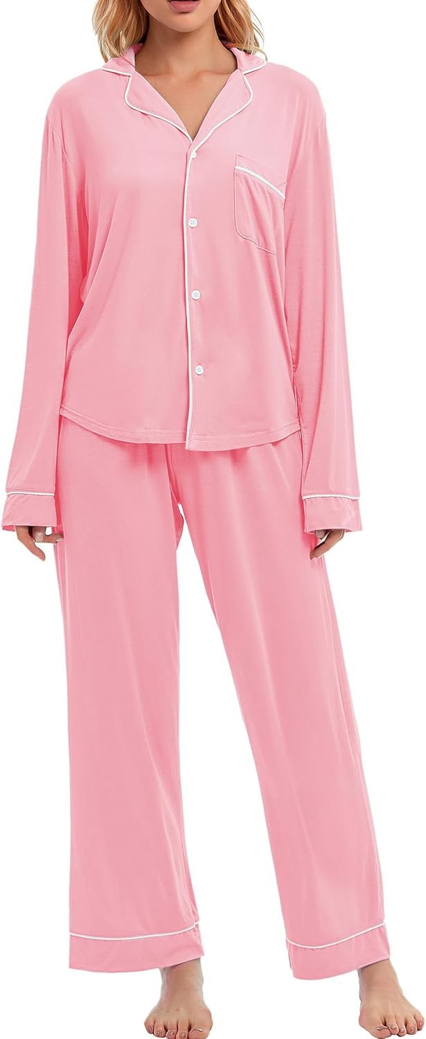 LUBOT Womens Pajamas Set PJ Set for Women Soft 2 Piece Button Down Ladies Comfy Long Short Sleeve Sleepwear Set S-XXL