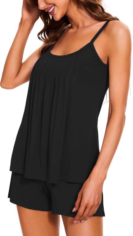 YYA Pajamas Set for Women 2 Piece Sleeveless Pleated Tops&Shorts Sleepwear Pj Lounge Sets S-XXL YYA Pajamas Set for Women 2 Piece Sleeveless Pleated Tops&Shorts Sleepwear Pj Lounge Sets S-XXL