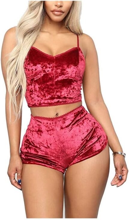 AWIBMK Women’s Velvet 2 Piece Outfit Spaghetti Strap Sleeveless Crop Top Camisole and Shorts Pajamas Set Sleepwear Nightwear