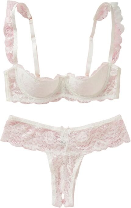 SweatyRocks Women’s Lingerie Set Floral Lace Ruffle Shoulder Bra and Panty Underwear Sets