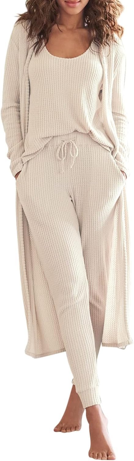 Eurivicy Womens Lounge Set Waffle Knit 3 Piece Pajama Sets Tank Tops Loose Pants with Long Cardigan Loungewear 2025