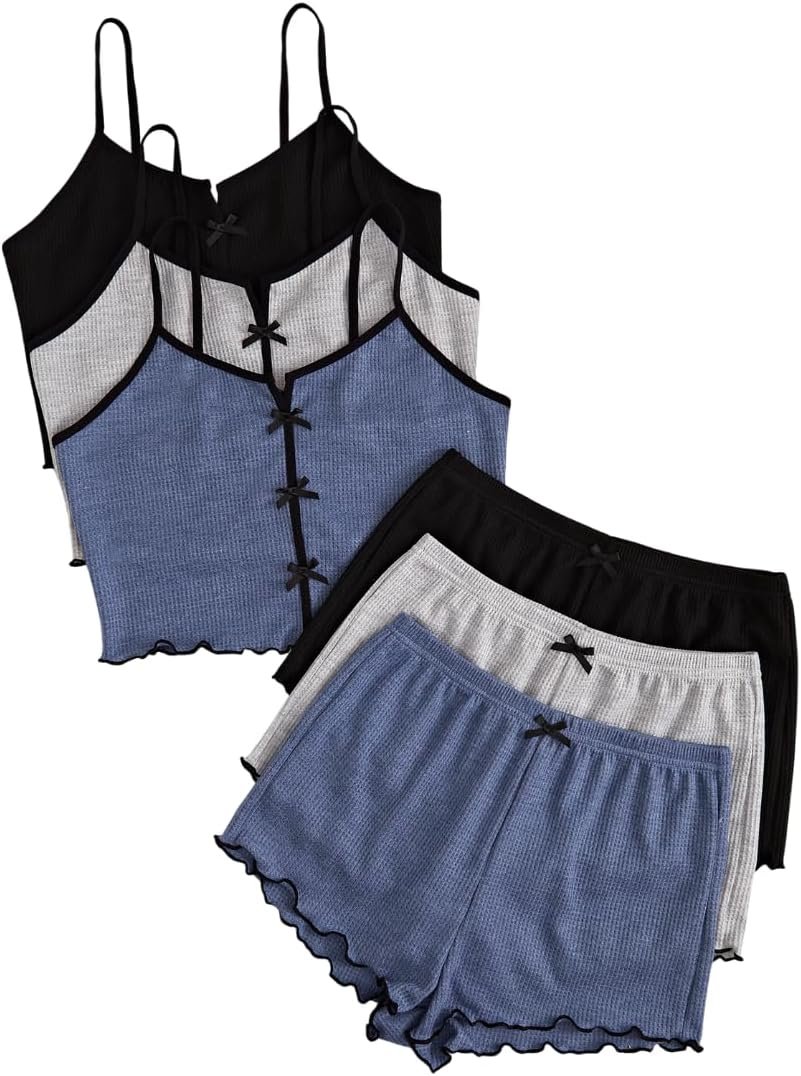 SOLY HUX Women’s 3 Sets Pajamas Lounge Sets Cute Bow Front Crop Cami Tops and Shorts PJs Sleepwear SOLY HUX Women’s 3 Sets Pajamas Lounge Sets Cute Bow Front Crop Cami Tops and Shorts PJs Sleepwear