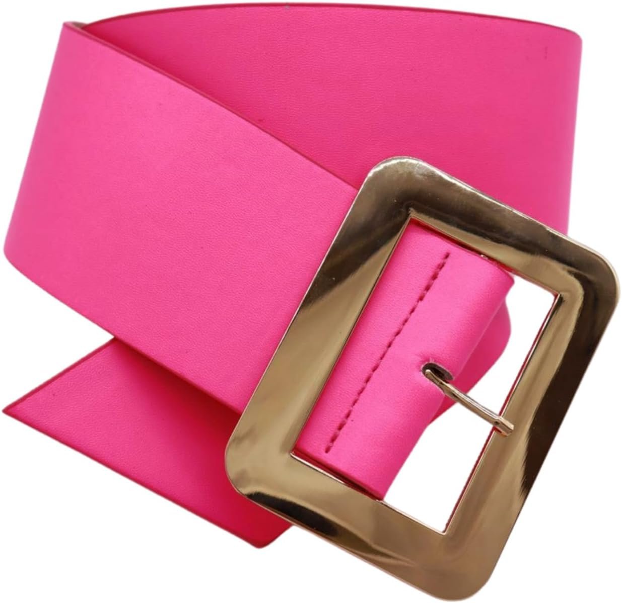 Women Fashion Faux Leather Wide Belt Gold Metal Square Buckle S M Neon Pink