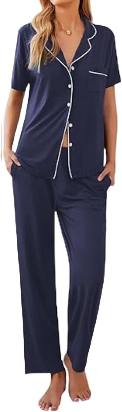 Ekouaer Women Pajamas Set Button Down Sleepwear Short Sleeve Nightwear with Long Pants Soft Pjs Set S-XXL Ekouaer Women Pajamas Set Button Down Sleepwear Short Sleeve Nightwear with Long Pants Soft Pjs Set S-XXL