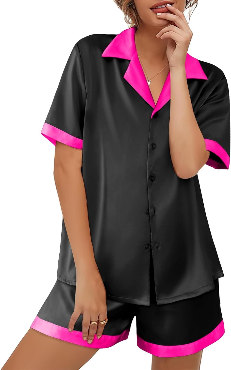 Ekouaer Womens Silk Satin Pajamas Set Button Down Short Sleeve Lounge Set 2 Piece Notch Collar Sleepwear Sets Soft Pjs S-XXL Ekouaer Womens Silk Satin Pajamas Set Button Down Short Sleeve Lounge Set 2 Piece Notch Collar Sleepwear Sets Soft Pjs S-XXL