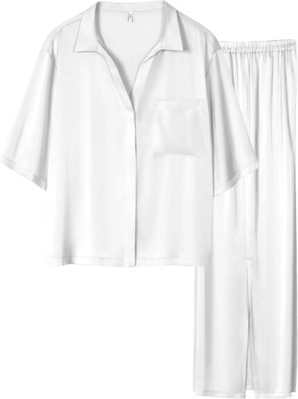 Womens 2 Piece Silk Satin Pajama Set Short Sleeve Shirts and Slit Side Wide Leg Pants Loungewear with Pockets Womens 2 Piece Silk Satin Pajama Set Short Sleeve Shirts and Slit Side Wide Leg Pants Loungewear with Pockets