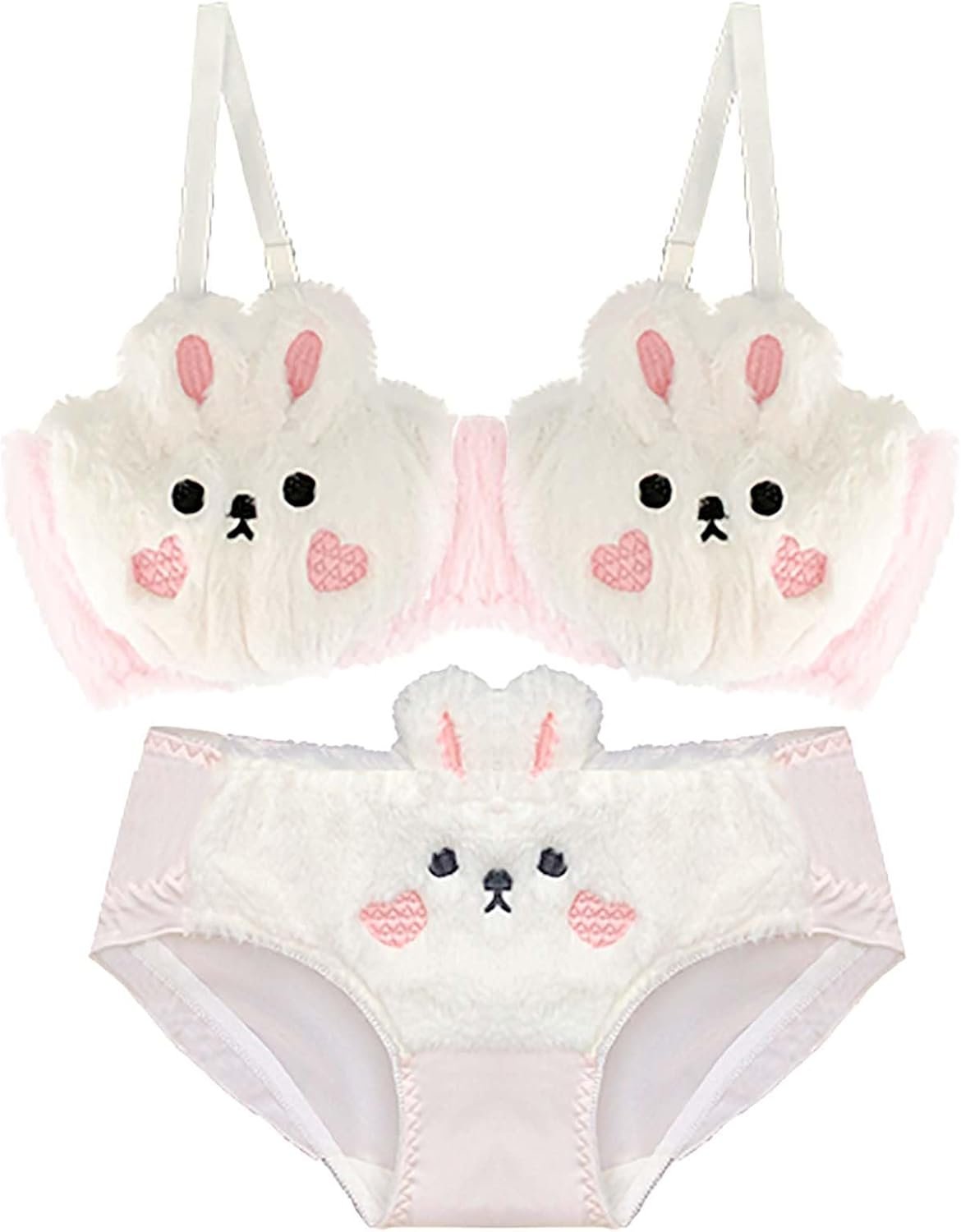 Cute Plush Bunny & Bear Gathered Padded Bra and Panty Set – Animal Design Cozy Warm Fuzzy Lingerie for Women