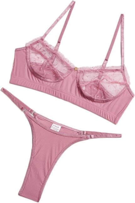 Kaei&Shi Sexy Lingerie for Women,Ruffle 2 Piece Lace Lingerie Set,Sheer Bra and Panty Sets Valentine
