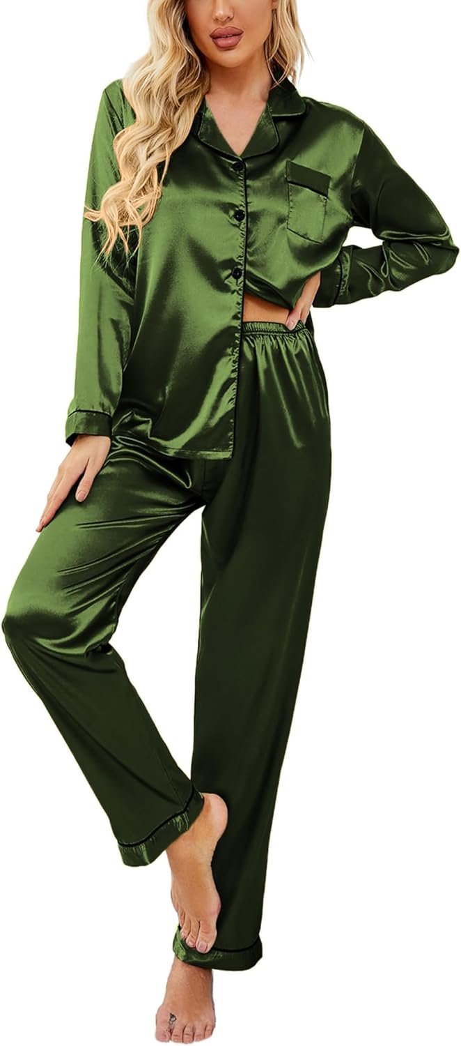 Ekouaer Women’s Classic Button Down Long Satin Silk Pajama Set