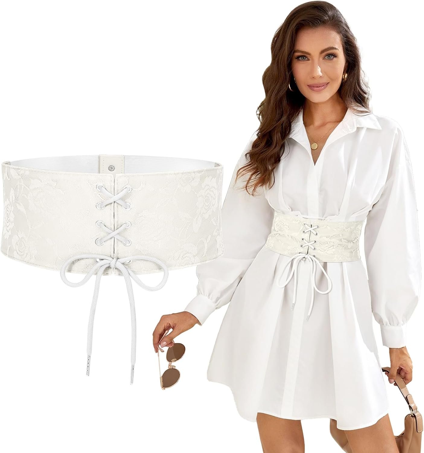 SUOSDEY Corset Belt for Women, Lace Wide Waist Belt for Dress Cinch Belt white