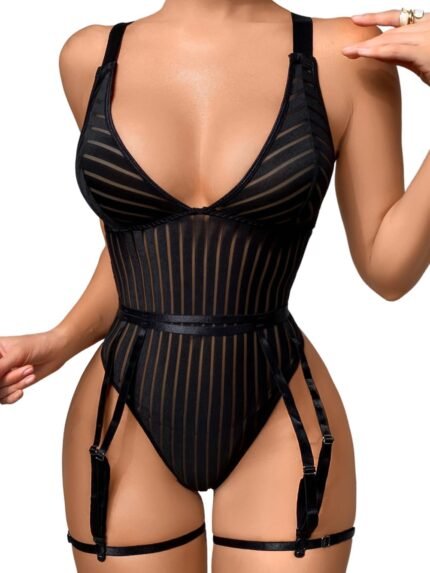 Kaei&Shi Sexy Ribbed Top,Plunge V, Snap Crotch, Leg Strap, Backless 3Pc Bodysuit