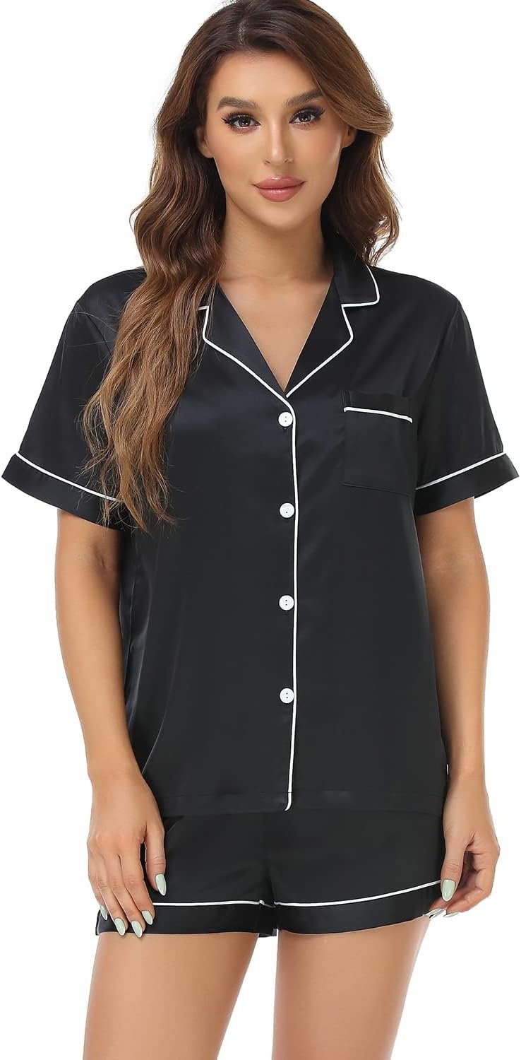 Women’s Satin Pajama Set 2-Piece Sleepwear Loungewear Button Down Short Sleeve Silky PJ Set