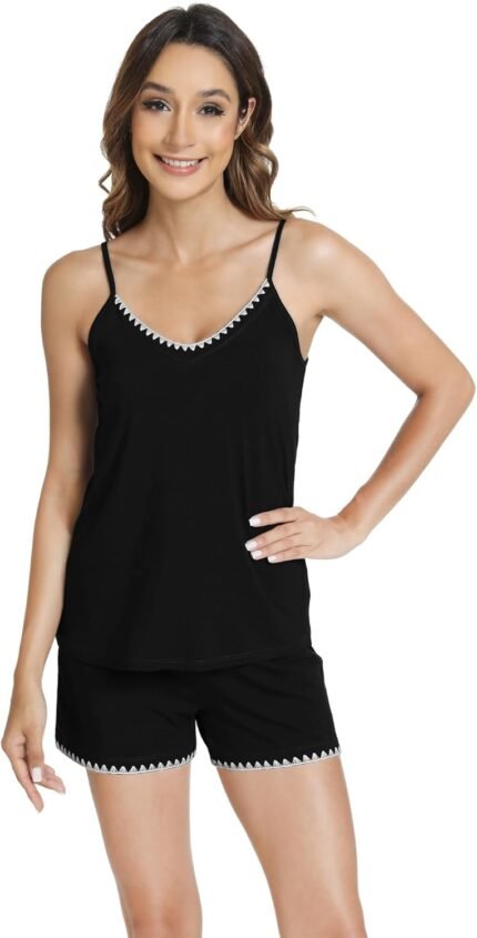 WiWi Viscose from Bamboo Cami Top Pajama Set for Women Sleeveless Tops with Shorts Pjs Sets S-XXL