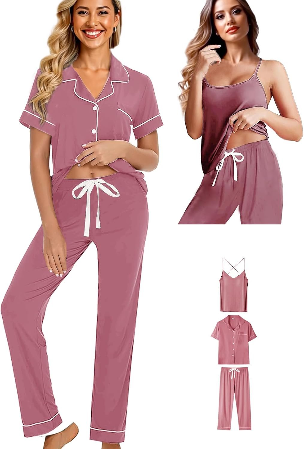 Womens 3Pcs Soft Pajama Sets Sexy Camisole Lingerie XS-4XL Knit Pajamas Set Sleepwear Pjs Nightwear Lounge Sets