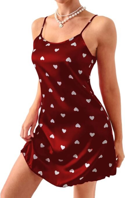 Vrtige Women’s Nightgown Satin Heart Print Lingerie Silk Full Slip Nightdress Chemise Sleepwear