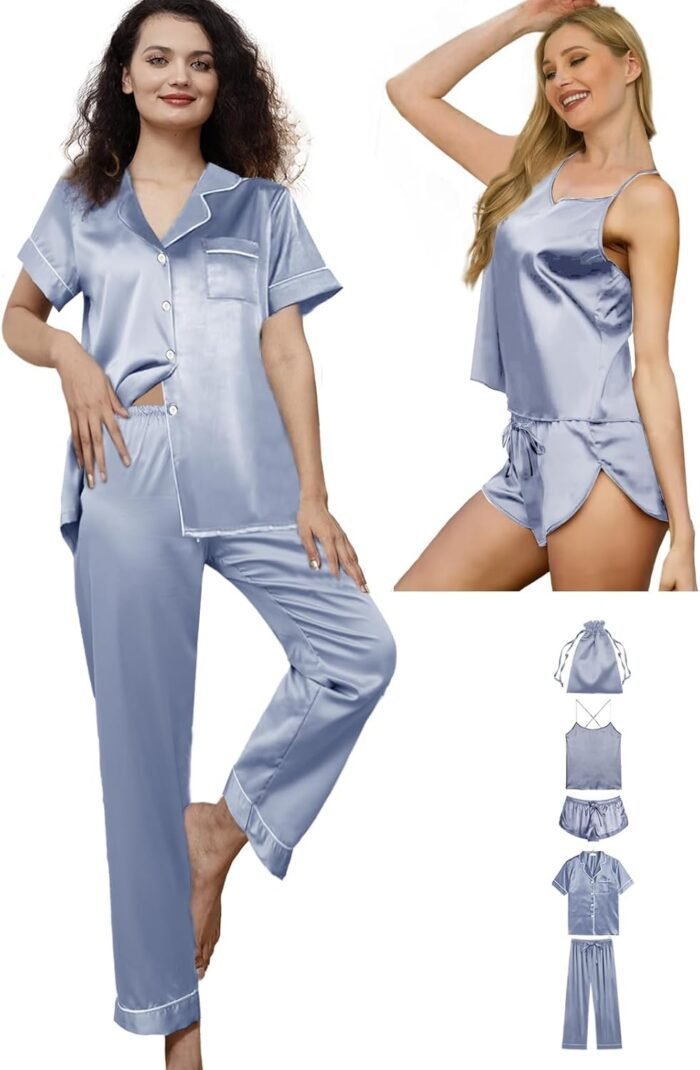 5Pcs Silk Satin Pajamas Set for Women Silky Cami Pjs Sets Sexy Lingerie Womens Pajama Sets Loungewear Sleepwear