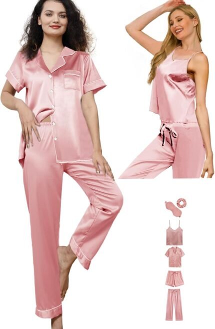 6Pcs Womens Silk Satin Pajama Sets Pj Sets Short Pjs Set Pajamas Sleepwear Camisole Sexy Cami 6Pcs Womens Silk Satin Pajama Sets Pj Sets Short Pjs Set Pajamas Sleepwear Camisole Sexy Cami