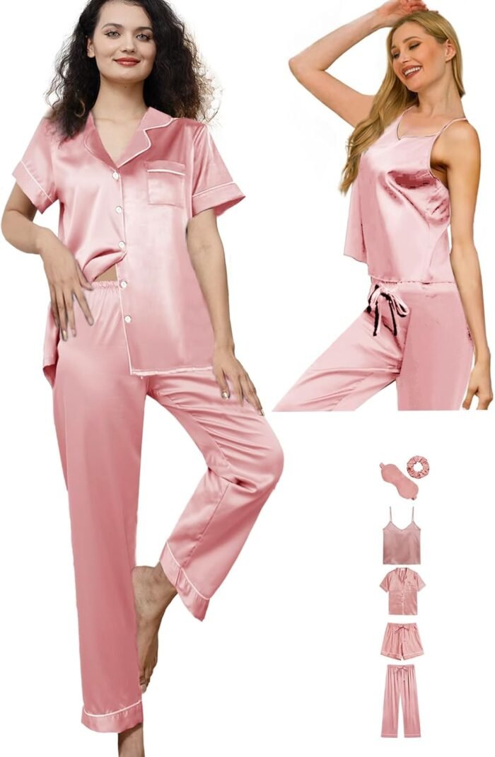 6Pcs Womens Silk Satin Pajama Sets Pj Sets Short Pjs Set Pajamas Sleepwear Camisole Sexy Cami