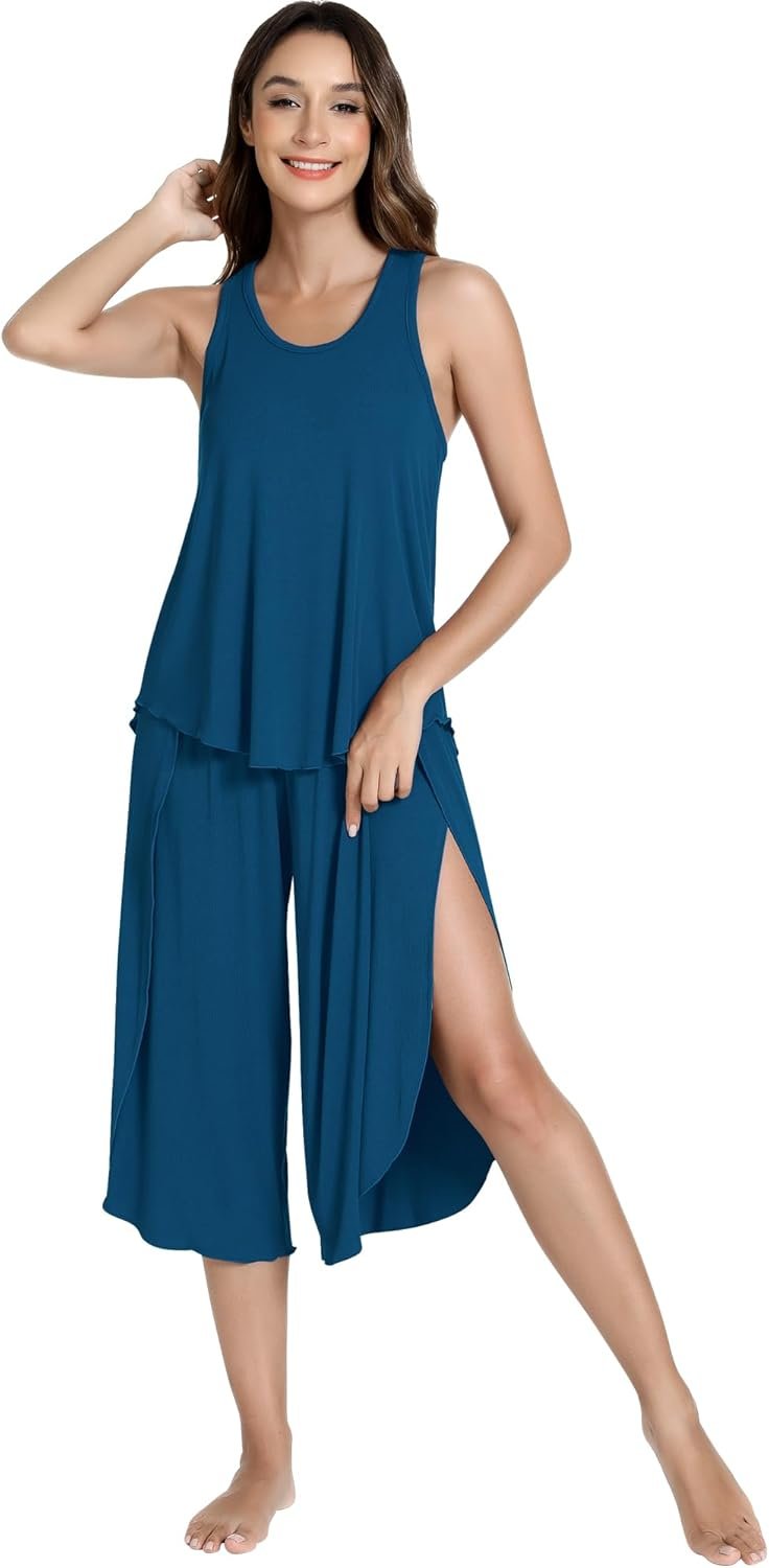 NACHILA Pajamas for Women-Viscose Made from Bamboo,Ribbed Pjs Racerback Tank Top and Capri Pants Sleeveless Pajama Sets