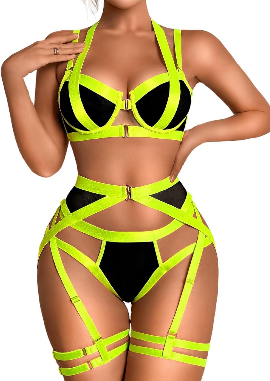 Kaei&Shi Strappy Harness, All Adjustable, Underwire Racerback, 4pc Garter Set