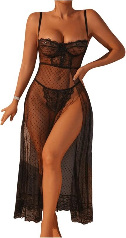 COZYEASE Women’s 2 Piece Lingerie Set Lace Mesh Underwire Slip Dress And Low Rise Thongs See Through Nightgown