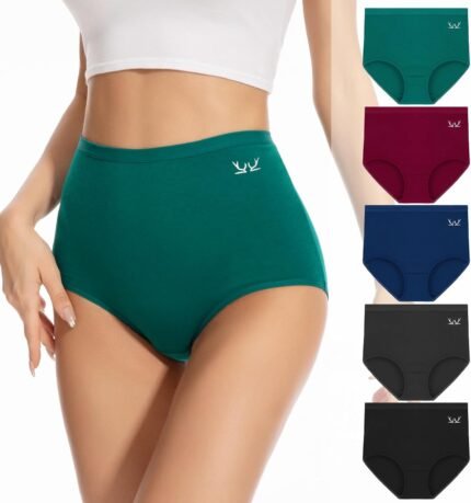 PULIOU Women’s High Waisted Cotton Underwear Stretch Briefs Full Coverage Soft Breathable Panties 5 Pack