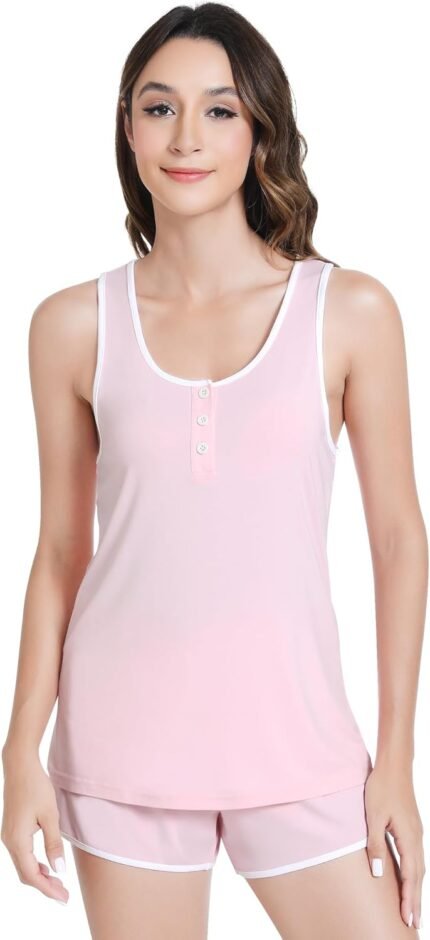 NACHILA Pajamas Set for Women-Viscose Made from Bamboo,Tank Top with Shorts Soft Sleepwear Button Pjs Cool Nightwear
