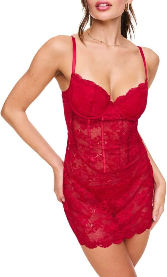 Adore Me Brielle Babydoll Dress & G-String Thong – XS-4X Regular & Plus-Size Lace Lingerie Set, Underwire Corset Top & Thong