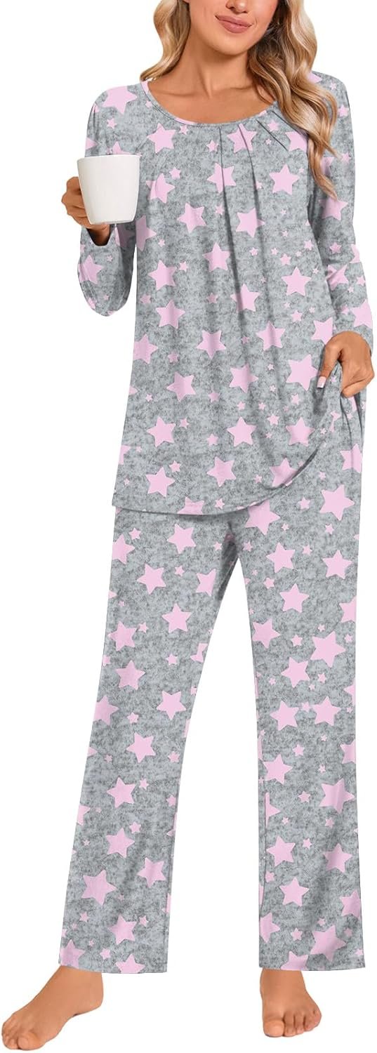 Anymeet Womens Pajama Set Long Sleeve 2 Piece Winter Ladies Sleepwear Soft PJs Comfy Lounge Sets with Pockets