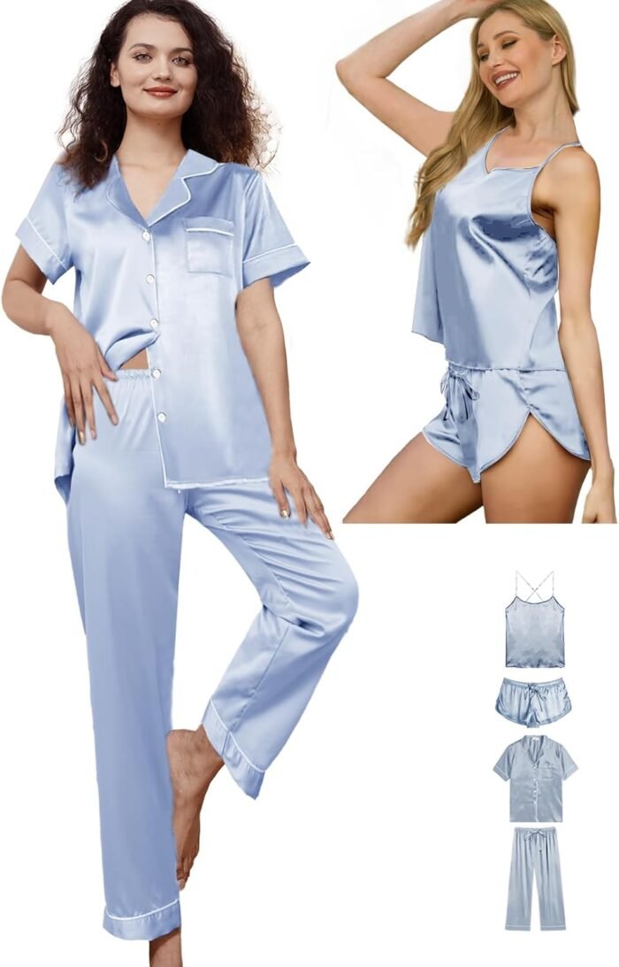 Womens 4Pcs Satin Pajama Sets Silk Pajamas Set Sexy Cami Lingerie Sleepwear Silky Pj Nightwear Pjs Loungewear