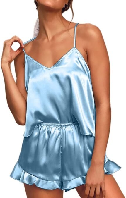 CHYRII Women’s Sexy Silk Satin Ruffled Pajamas Sets Cami Shorts Sets Sleepwear