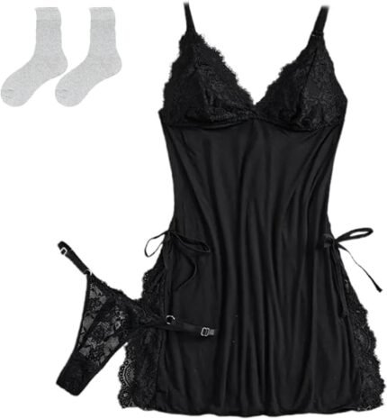 Women’s Bow Decor Contrast Lace Cami Nightdress Sleep Dress & Thong Set – Sexy Lingerie Babydoll Chemise Women’s Bow Decor Contrast Lace Cami Nightdress Sleep Dress & Thong Set – Sexy Lingerie Babydoll Chemise