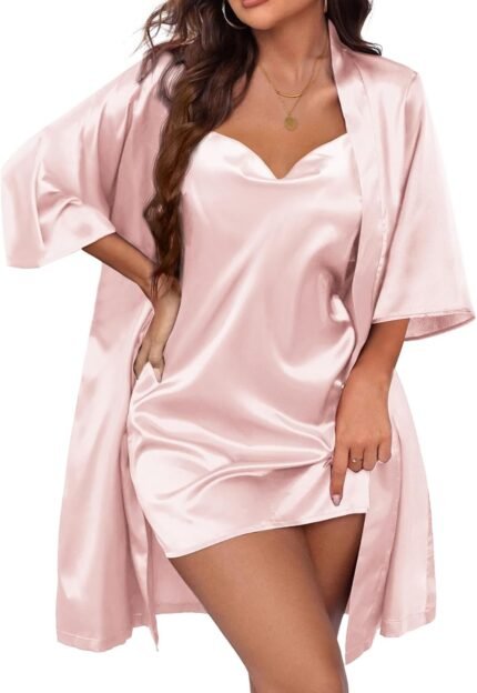 Ekouaer Women’s Satin Robe Set Nightgown with Robes Silk Pajama Set 2 Pieces Lingerie Cowl Neck Cami Sleepwear Sets Ekouaer Women’s Satin Robe Set Nightgown with Robes Silk Pajama Set 2 Pieces Lingerie Cowl Neck Cami Sleepwear Sets