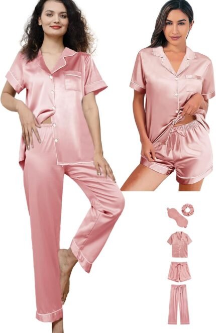 5Pcs Womens Silk Satin Pajamas Sets XS-XXL Short Pj Sets Button Down Pjs Set Sleepwear Loungewear 5Pcs Womens Silk Satin Pajamas Sets XS-XXL Short Pj Sets Button Down Pjs Set Sleepwear Loungewear