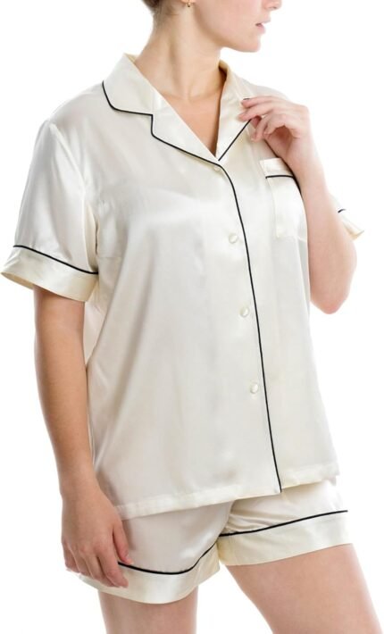 Women’s Luxury Silk Sleepwear 100% Mulberry Silk Short Sleeve Top Boxer Short Pajamas Set