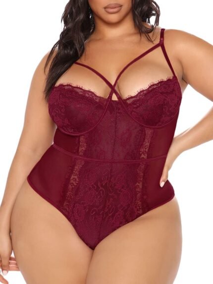 Kaei&Shi Plus Size Eyelash Lace Bodysuit, Snap Crotch Sexy Top Lingerie, Club Outfit Kaei&Shi Plus Size Eyelash Lace Bodysuit, Snap Crotch Sexy Top Lingerie, Club Outfit