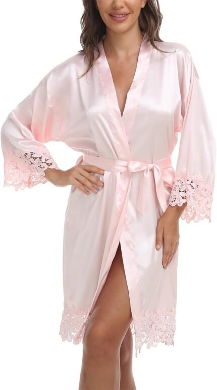 Womens Short Satin Robe Lace Trim Silk Kimono Sleepwear Bridesmaid Robes for Bride Wedding Party Nightgown Womens Short Satin Robe Lace Trim Silk Kimono Sleepwear Bridesmaid Robes for Bride Wedding Party Nightgown
