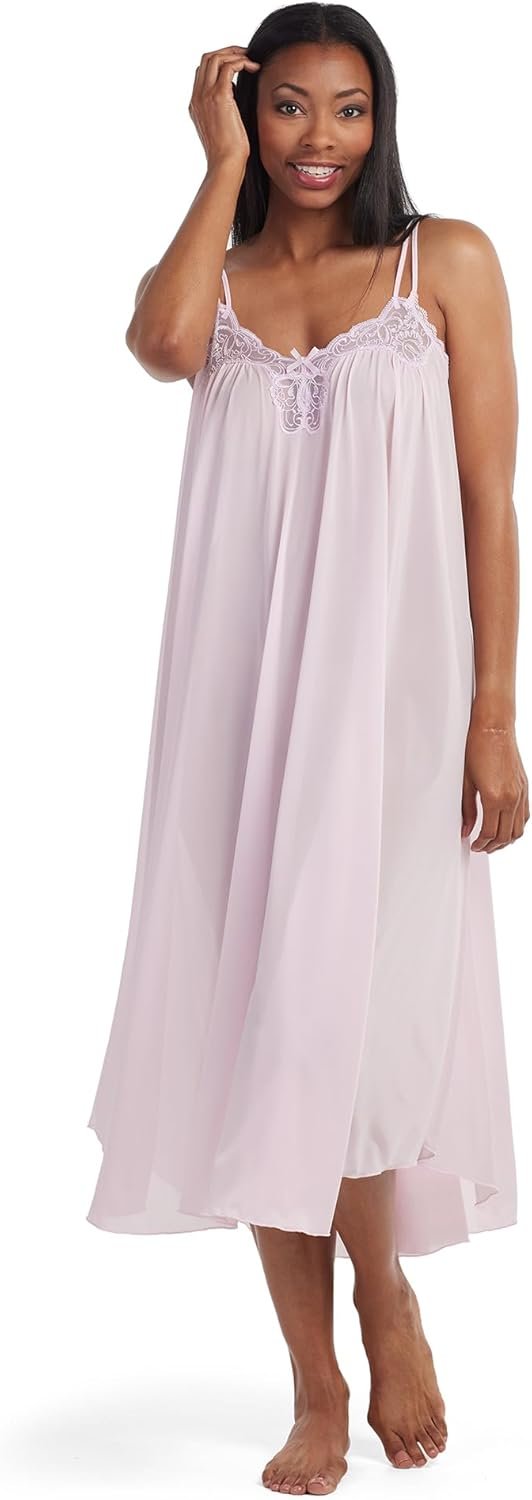 Miss Elaine Long Silk Essence Nightgown, Flowy Vintage Sheer Gown, Lace Details & Adjustable Straps, Sleepwear & Loungewear