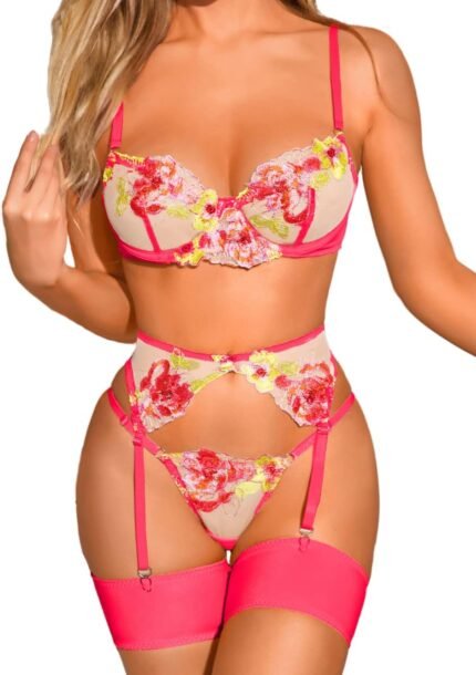 Kaei&Shi Floral Embroidered, Underwire, G-String, Garter Belt, 4 Pieces Lingerie Kaei&Shi Floral Embroidered, Underwire, G-String, Garter Belt, 4 Pieces Lingerie
